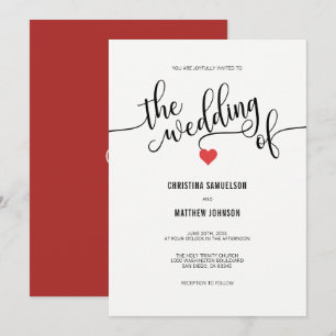 Invitation Moderne Chic Mariage de coeur noir, blanc rouge