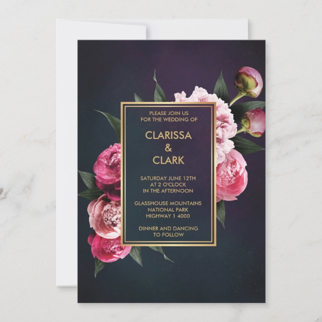 Invitation Moderne Chic Peony rose Mariage d'or romantique (Devant)