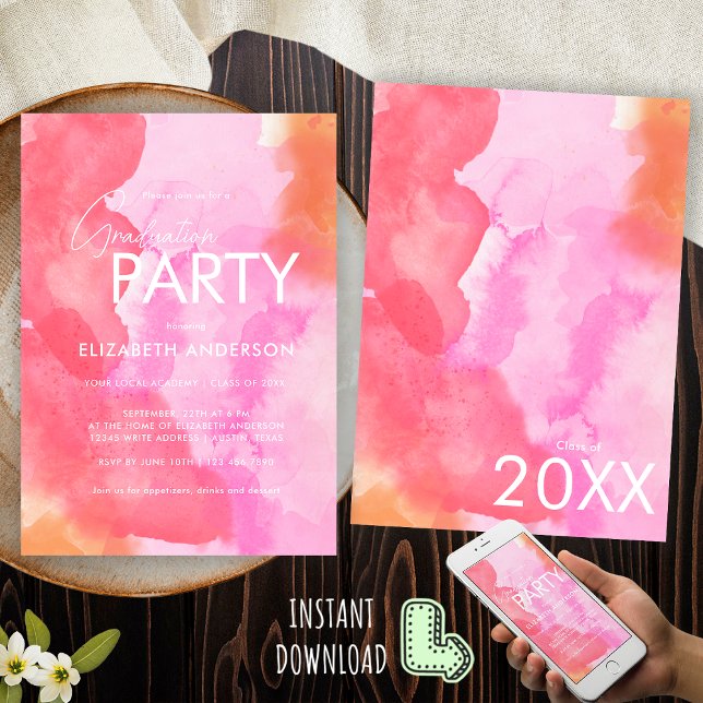 Invitation Moderne Chic Pink et Orange Graduation Party (Créateur téléchargé)