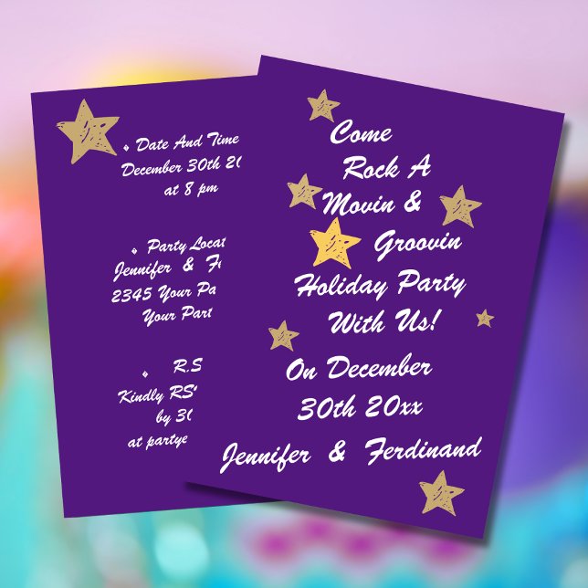 Invitation Moderne Chic Purple Gold Star Super Holiday Party (Modern chic white script on purple background with gold stars groovy holiday party invitation.)