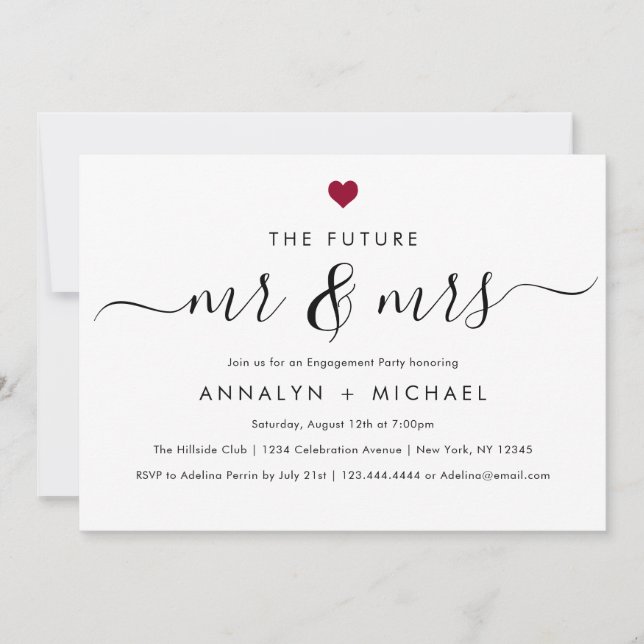 Invitation Moderne Chic Red Heart Future M. et Mme la Fiançai (Devant)