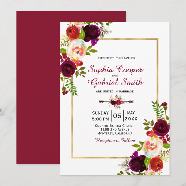 Invitation Moderne Chich Bourgogne Floral Gold Frame Mariage (Devant / Derrière)