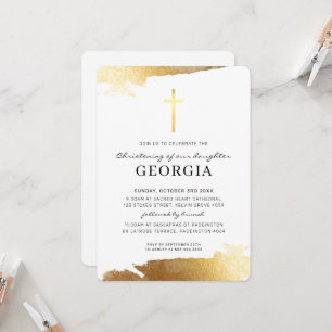 Invitation MODERNE CHRISTENING feuille d'or croix simple