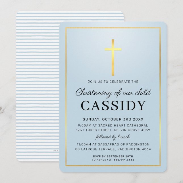 Invitation MODERNE CHRISTENING feuille or croix bébé bleu (Devant / Derrière)
