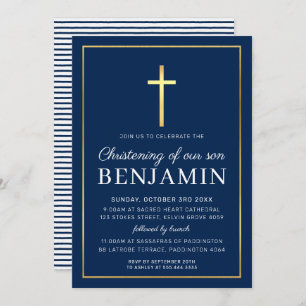 Invitation MODERNE CHRISTENING or croix simple marine blanc I