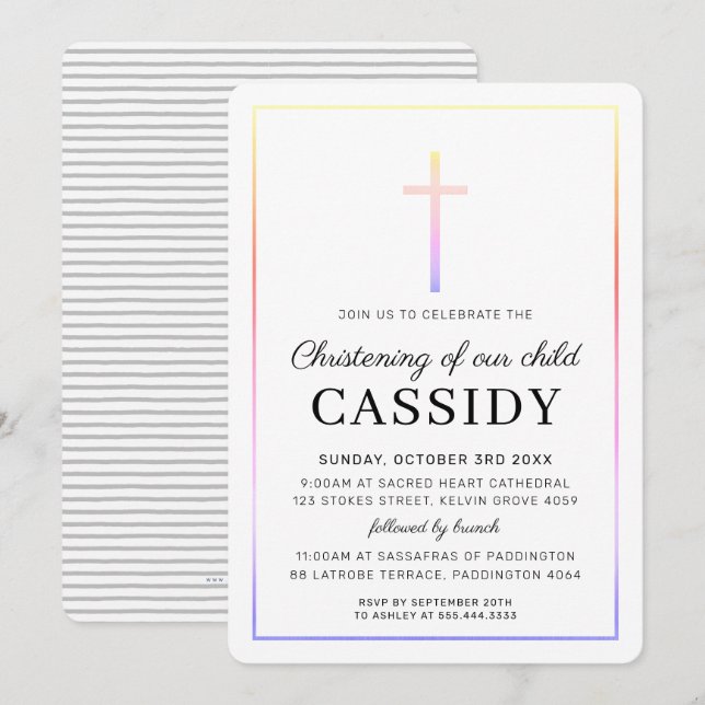 Invitation MODERNE CHRISTENING or cross simple arc-en-ciel (Devant / Derrière)