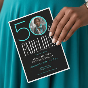Invitation Moderne Cinquante Fantastique Aqua Blanc Photo Ann