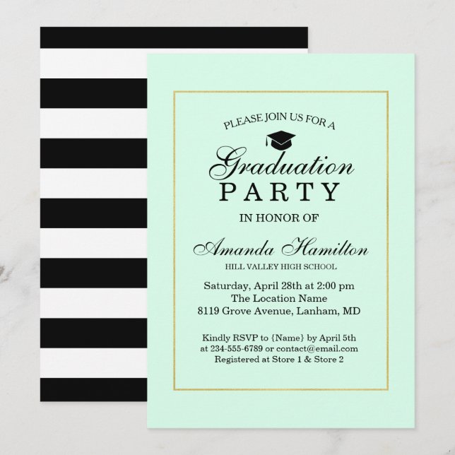 Invitation Moderne Classic Mint or vert Frame Graduation (Devant / Derrière)