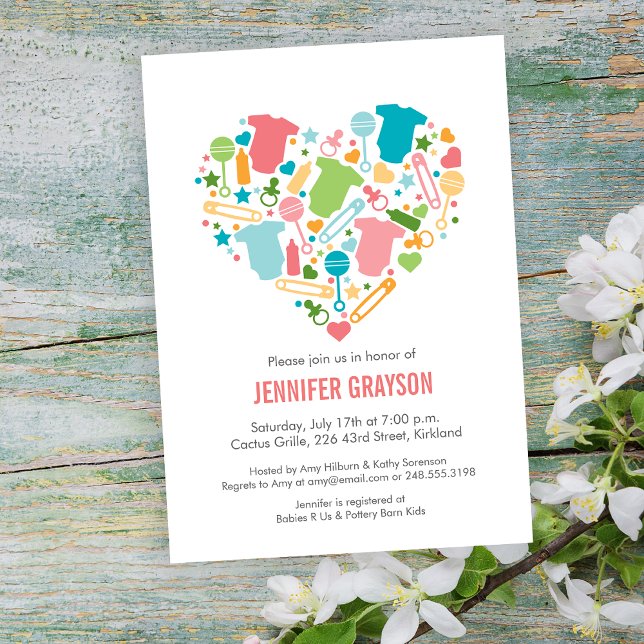 Invitation Moderne Coeur bébé rose Aqua Baby shower jaune (Créateur téléchargé)