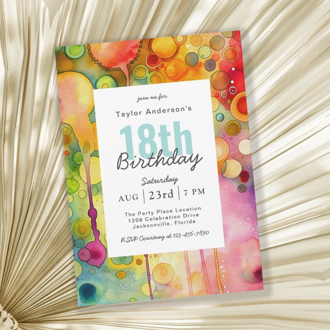 Invitation Moderne coloré Abstrait 18ème anniversaire fête (Available as printed and paperless digital download!)