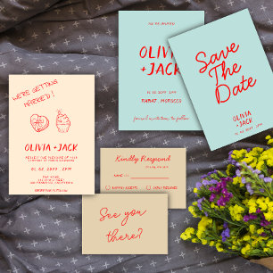 Invitation Moderne coloré rétro amusant Mariage de script Whi