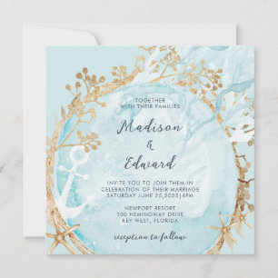 Invitation Moderne Côte Nautique Turquoise Vert or Mariage