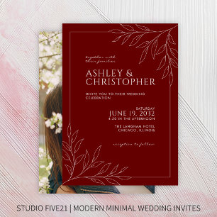 Invitation Moderne Crimson Red Foliing Outline Photo Mariage