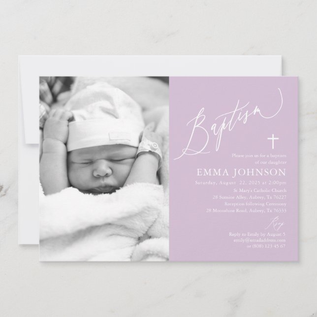 Invitation Moderne Croix violette fille photo Baptême Invitat (Devant)