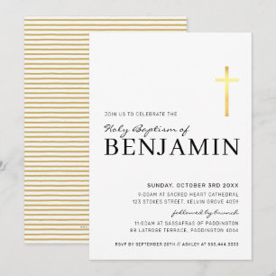 Invitation MODERNE CROSS baptisme minimum noir faux or