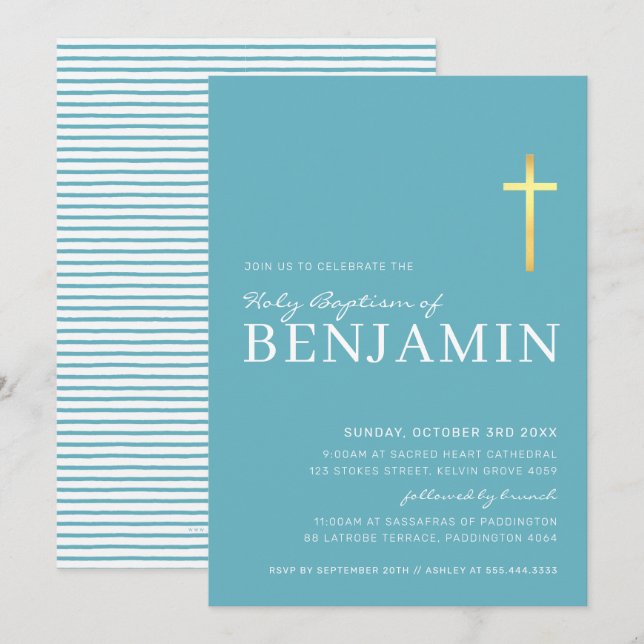 Invitation MODERNE CROSS or saint baptême minimum aqua bleu (Devant / Derrière)