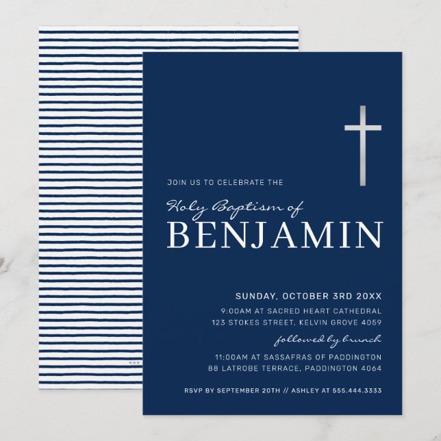 Invitation MODERNE CROSS saint baptême minimal marine bleu bl (Devant / Derrière)