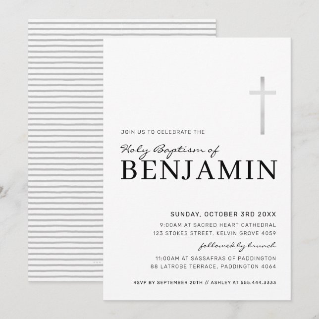 Invitation MODERNE CROSS saint baptême minimal noir argent (Devant / Derrière)