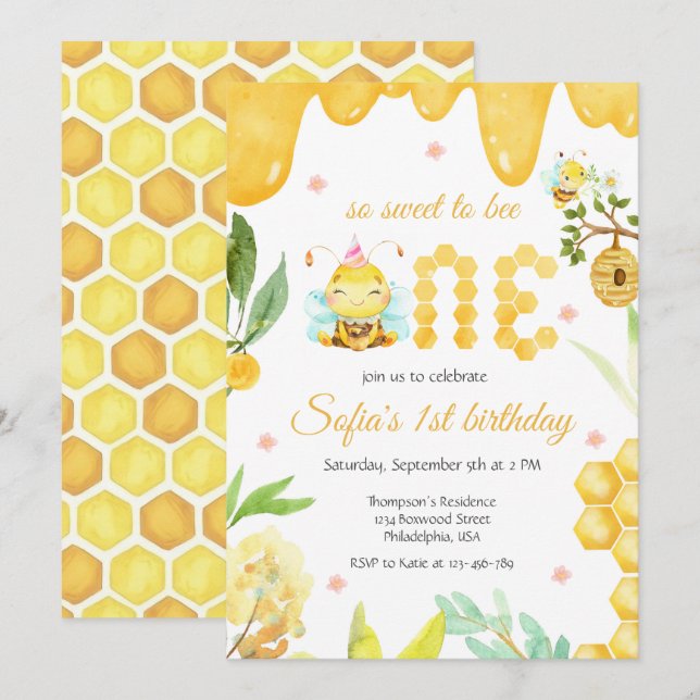 Invitation Moderne Cute First Bee Day 1er anniversaire (Devant / Derrière)