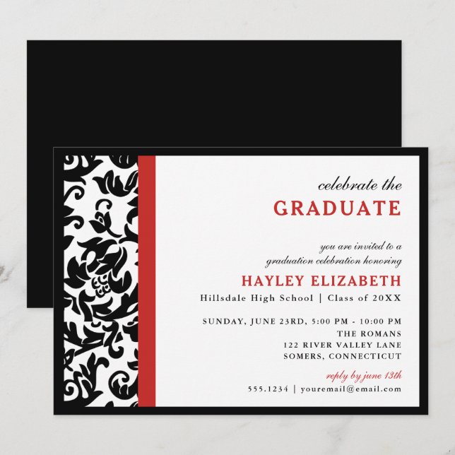 Invitation moderne Damask Red Border Graduation In (Devant / Derrière)