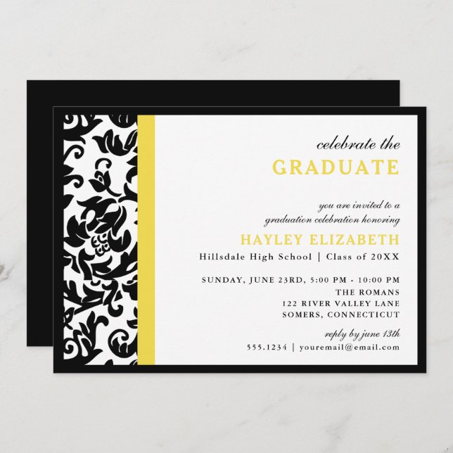 Invitation moderne Damask Yellow Border Graduation (Devant / Derrière)