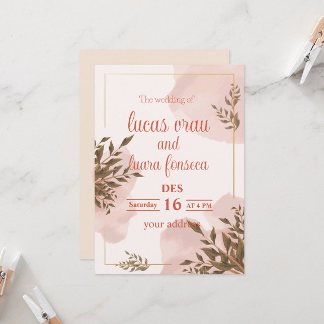 invitation moderne dans un élégant blanc et rose (Devant/Arrière en situation)