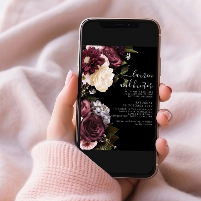 Invitation Moderne Dark Moody Bourgogne Script Floral Mariage (Créateur téléchargé)