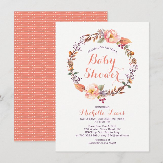 Invitation moderne de baby shower Floral automnal (Devant / Derrière)