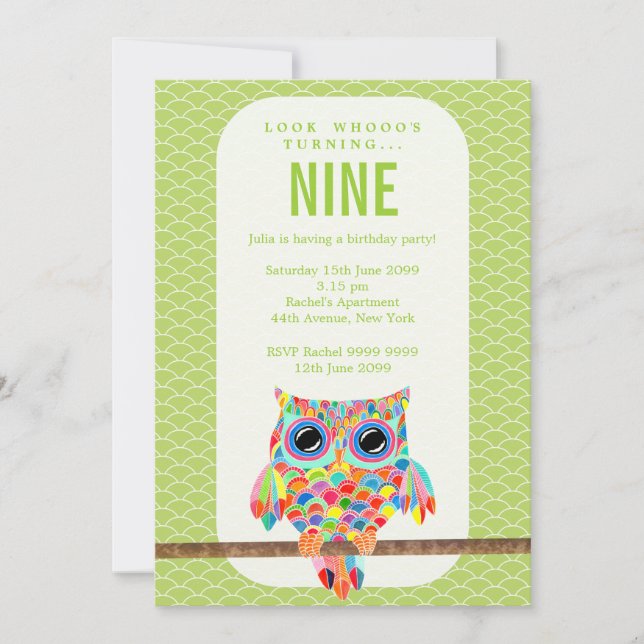 Invitation moderne de hibou d'arc-en-ciel de fête (Devant)