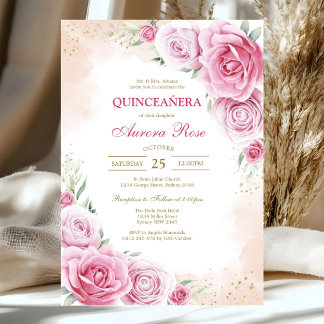 Invitation moderne de Quinceanera florale rose
