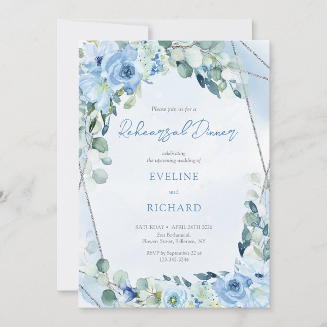 Invitation Moderne douce pastel fleurs bleues argent répétiti (Devant)