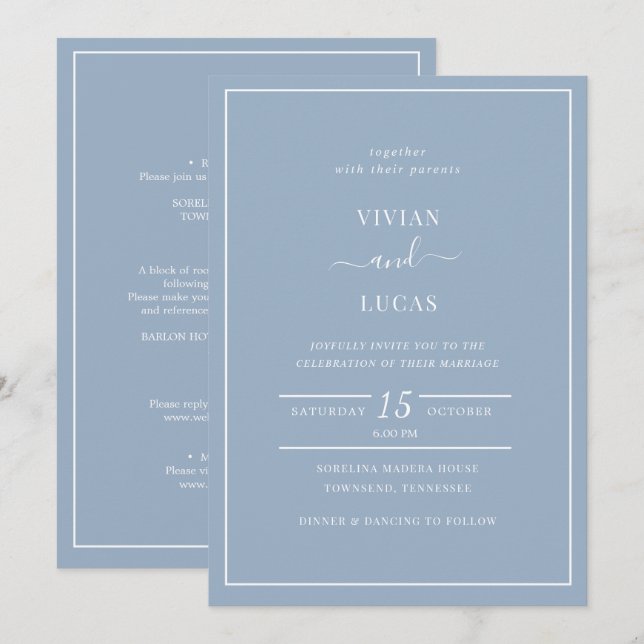 Invitation Moderne Dusty Blue Formal Minimal Mariage (Devant / Derrière)
