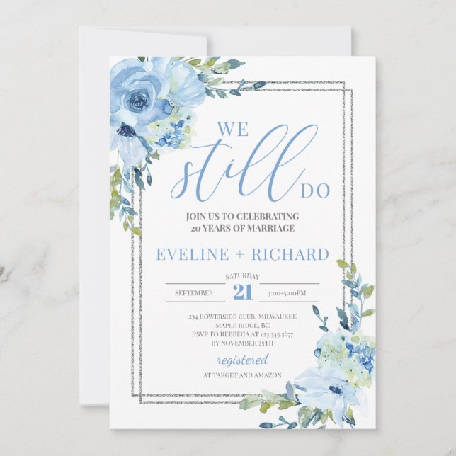 Invitation Moderne écrit à la main bleu floral argent nous so (Devant)