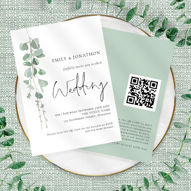 Invitation Moderne Écriture Élégante Eucalyptus Code QR Maria (Front and back view)