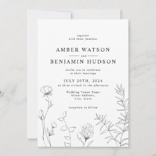 Invitation Moderne Elegance Line Art Fleur sauvage Floral Mar