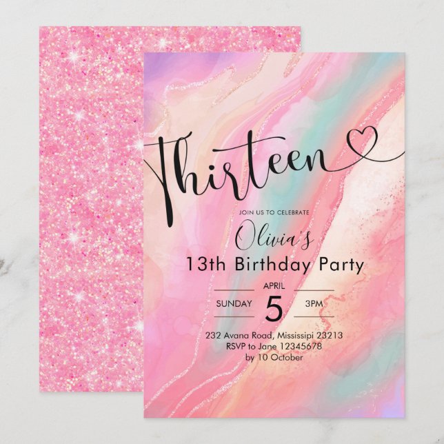 Invitation Moderne Élégant Agate Treize Anniversaire Invitati (Devant / Derrière)