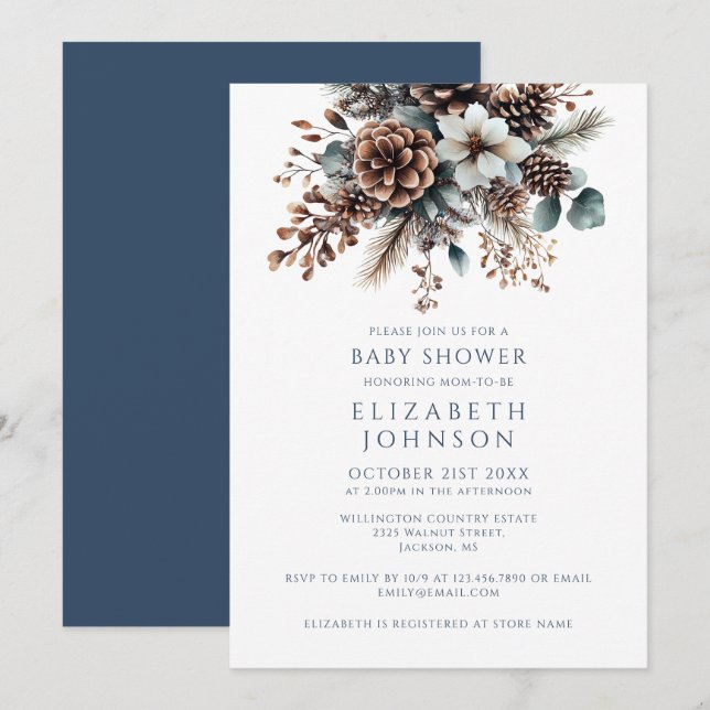 Invitation Moderne Elégant Baby shower Floral Hiver Pinecone (Devant / Derrière)