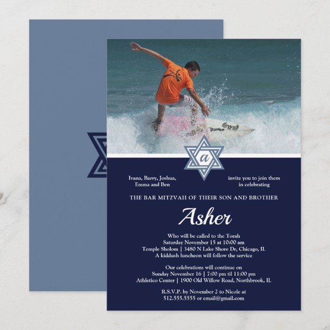 Invitation Moderne + Élégant Bar Photo Mitzvah (Devant / Derrière)