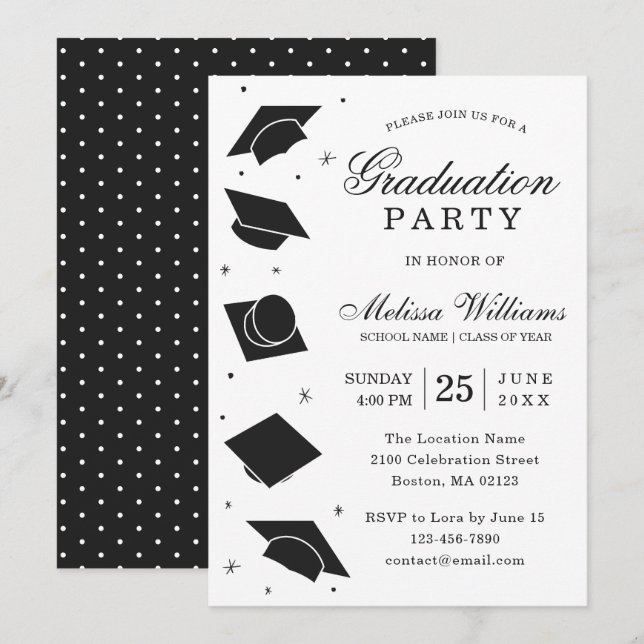 Invitation Moderne Elegant Black and White Graduation Party (Devant / Derrière)