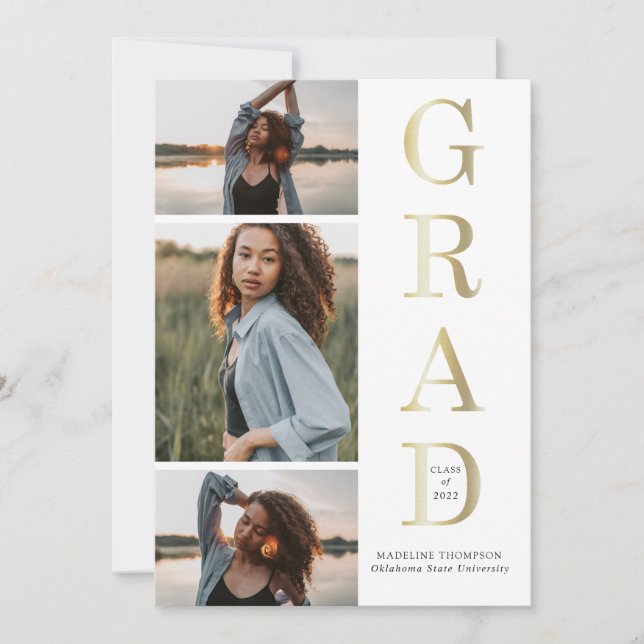 Invitation Moderne Elegant Black White Gold 3 Photo Graduatio (Devant)
