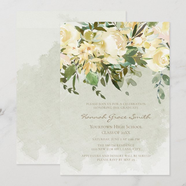 Invitation Moderne Elégant Blanc Floral Eucalyptus Graduation (Devant / Derrière)