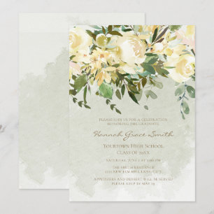 Invitation Moderne Elégant Blanc Floral Eucalyptus Graduation