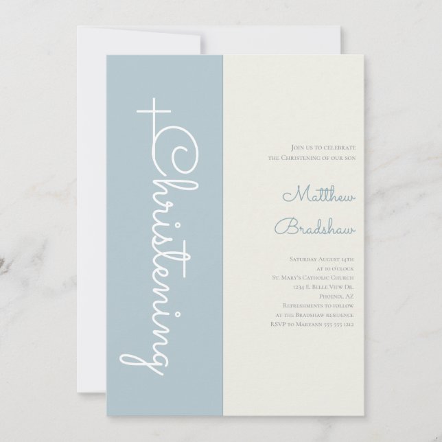 Invitation Moderne Elegant Bleu Bébé Garçon Christening (Devant)