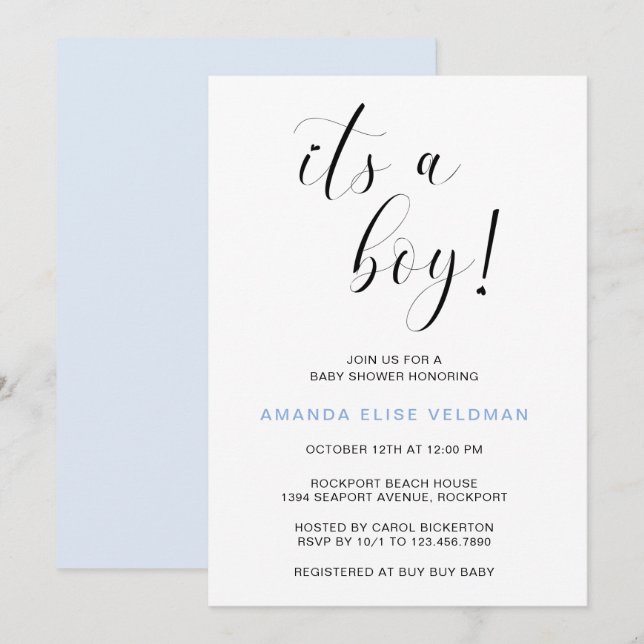 Invitation Moderne Elegant Bleu Coeur C'est un Baby shower ga (Devant / Derrière)