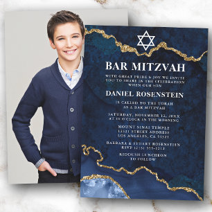 Invitation Moderne Elegant Bleu Marbre Or Bar Mitzvah Photo