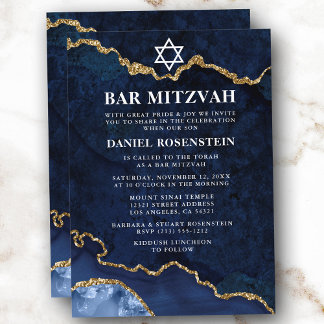 Invitation Moderne Elegant Bleu Marbre Or Géode Bar Mitzvah