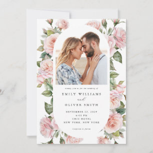Invitation Moderne Elegant Blush Rose Floral Photo Mariage