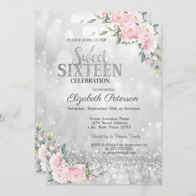 Invitation Moderne Elegant Bokeh Floral Sweet 16 (Devant / Derrière)