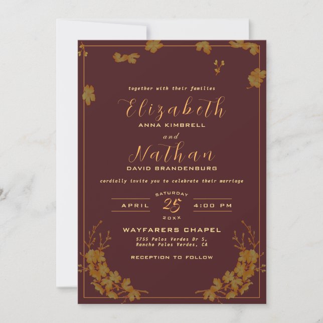 Invitation Moderne Elégant Bourgogne & Mariage Floral Or (Devant)