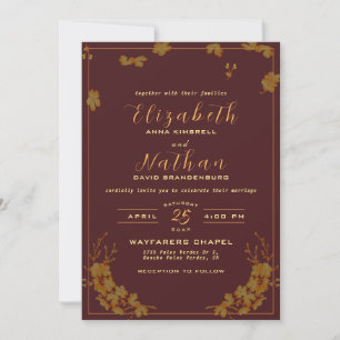 Invitation Moderne Elégant Bourgogne & Mariage Floral Or